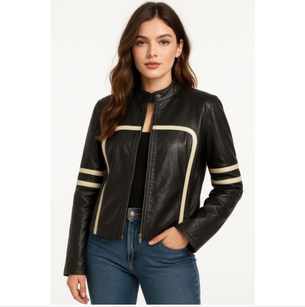 Women's Black and Cream Leather Jacket